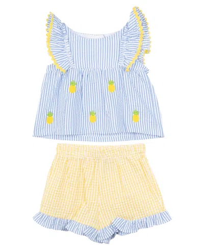 Rare Editions Baby Girls 2-piece Pineapple Schiffli Seersucker Short Set In Blue