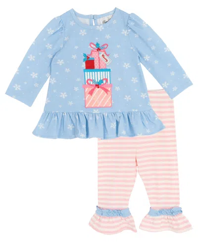 Rare Editions Baby Girls 2-piece Printed Top And Striped Leggings Set In Blue