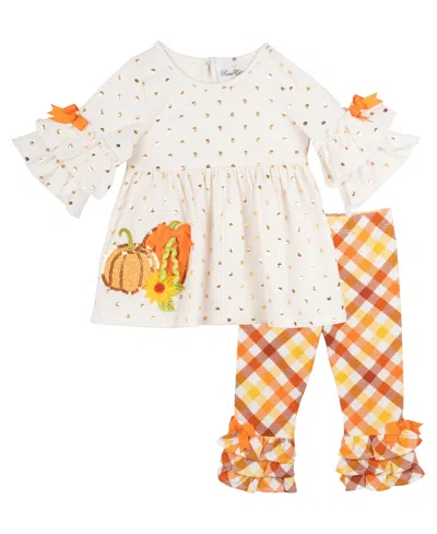 Rare Editions Baby Girls 2-piece Pumpkin Polka Dot Top And Plaid Pants Set In Nude