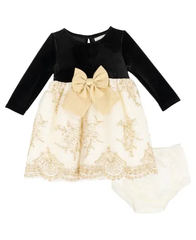Rare Editions Baby Girls 2-piece Velvet Long Sleeves Bodice Dress And Diaper Cover Set In Multi
