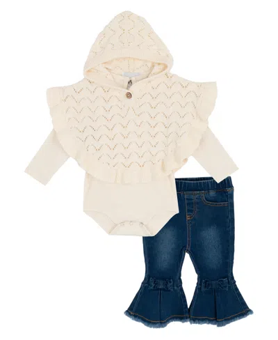Rare Editions Baby Girls 3-piece Hooded Poncho, Bodysuit And Denim Leggings Set In White