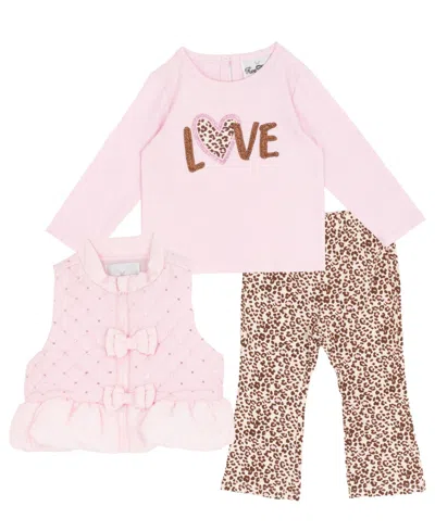 Rare Editions Baby Girls 3-piece Pink Puffer Vest, Top And Leggings Set