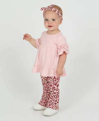 Rare Editions Baby Girls 3-piece Ruffle Top, Leopard Flare Pants And Headband Set In Pink