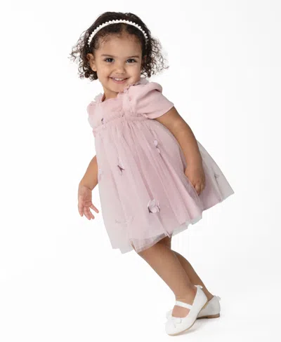 Rare Editions Baby Girls 3d Butterfly Mesh Over Bodysuit Dress In Blush