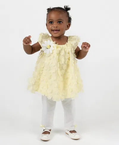 Rare Editions Baby Girls' 3d Flower Sequin Top And Knit Leggings, 2-piece Set In Yellow