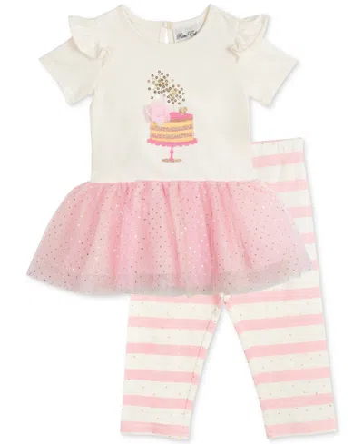 Rare Editions Baby Girls Birthday Cake Tutu Top And Striped Leggings, 2 Piece Set In Ivory
