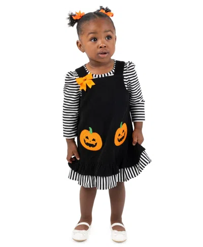 Rare Editions Baby Girls' Black Pumpkin Applique Jumper With Striped And Sleeveless Dress