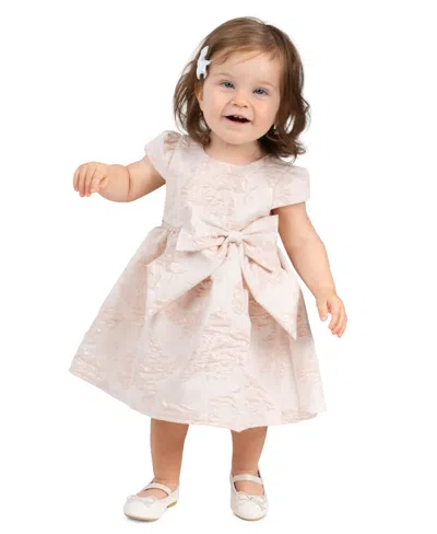 Rare Editions Baby Girls' Brocade Cap Sleeve Bodice With Beaded Pearl Trim In Brown