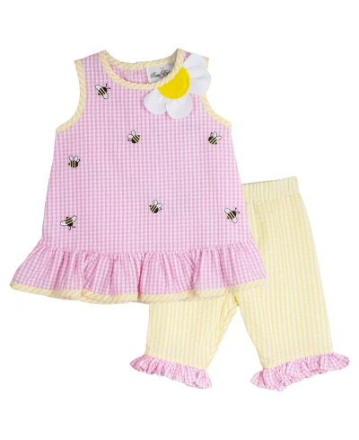 Rare Editions Baby Girls Bumble Bee Seersucker Outfit With Diaper Cover, 2 Piece Set In Pink