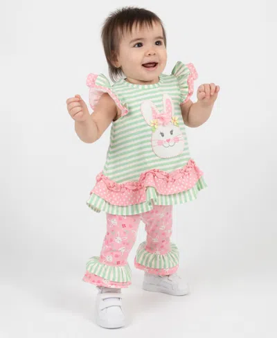 Rare Editions Baby Girls' Bunny Applique Round Neck Top And Knit Leggings, 2-piece Set In Pink