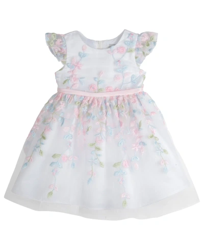 Rare Editions Baby Girls Floral Embroidered Mesh Social Dress With Diaper Cover In White