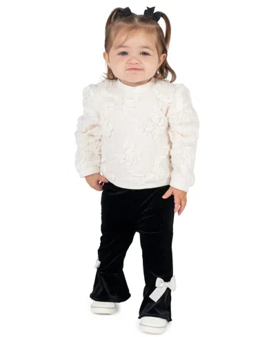 Rare Editions Kids' Baby Girls' Floral Long-sleeve Velvet Top And Pants, 2-piece Set In White