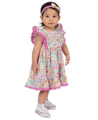 Rare Editions Baby Girls' Floral Print Dress, Bloomer And Headband, 3-piece Set In Pink
