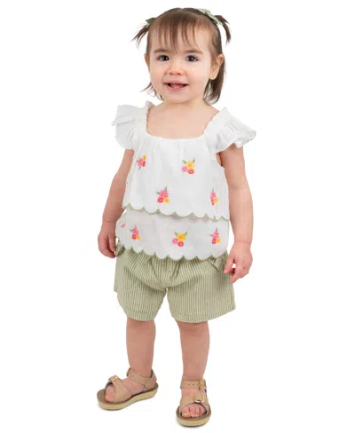 Rare Editions Baby Girls' Flutter Cap Sleeve Top And Stripe Olive Shorts, 2-piece Set In White