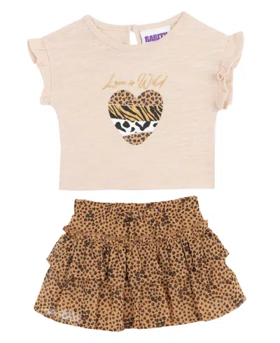 Rare Editions Baby Girls' Flutter Sleeve Top And Cheetah Skirt, 2-piece Set In Brown