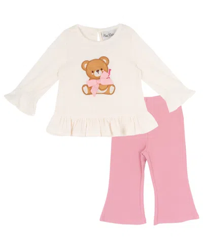 Rare Editions Baby Girls' Graphic Bear Top And Pants, 2-piece Set In White