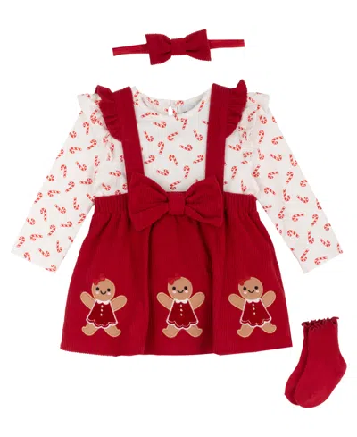 Rare Editions Kids' Baby Girls' Holiday Gingerbread Applique Corduroy Long-sleeve Bodysuit, Pinafore Dress, Headband And In Multi