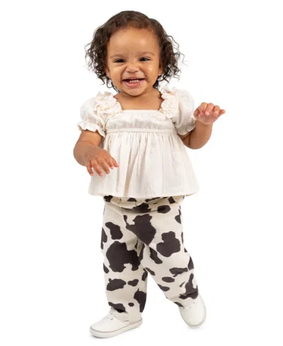 Rare Editions Baby Girls' Ivory Top With Cow Print Pants, 2-piece Set In Multi