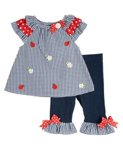 Rare Editions Baby Girls Lady Bug And Daisy Seersucker Outfit With Diaper Cover, 2 Piece Set In Navy