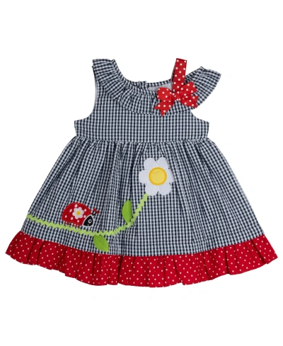 Rare Editions Baby Girls Lady Bug Seersucker Dress With Diaper Cover In Navy