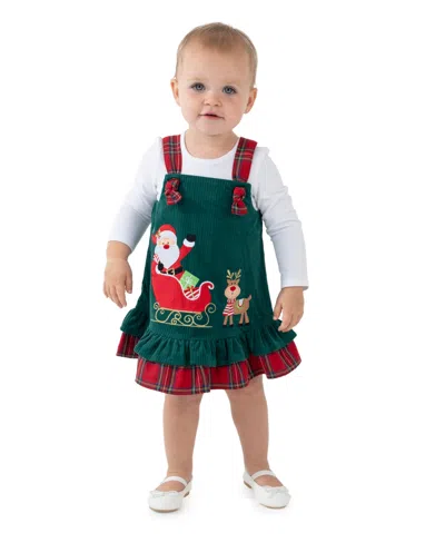 Rare Editions Baby Girls' Long-sleeve Bodysuit And Corduroy Jumper With Santa Sleigh, 2-piece Set In Blue