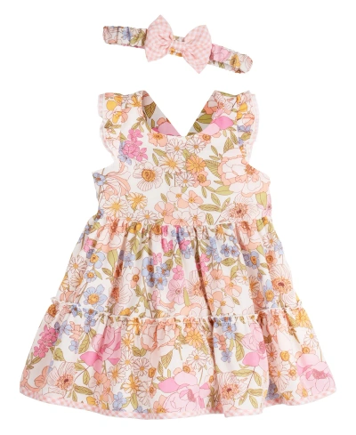 Rare Editions Baby Girls Mixed Media Dress With Matching Headband And Diaper Cover, 2 Piece Set In Pink
