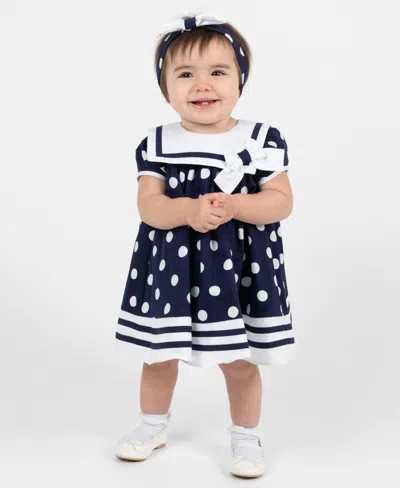 Rare Editions Baby Girls' Nautical Dot Round Neck Dress In Blue