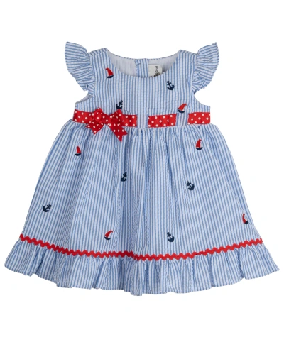 Rare Editions Baby Girls Nautical Seersucker Dress With Diaper Cover In Blue