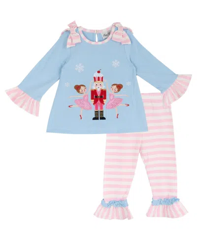 Rare Editions Kids' Baby Girls' Nutcracker And Ballerina Applique Top To Strip Leggings, 2-piece Set In Blue