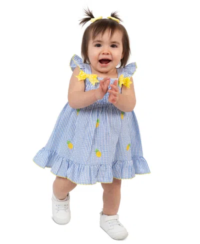 Rare Editions Baby Girls' Pineapple Schiffli Seersucker Square Neck Dress And Panty, 2-piece Set In Blue