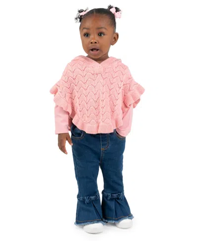 Rare Editions Baby Girls' Pink Poncho Sweater To Denim Pants, 2-piece Set
