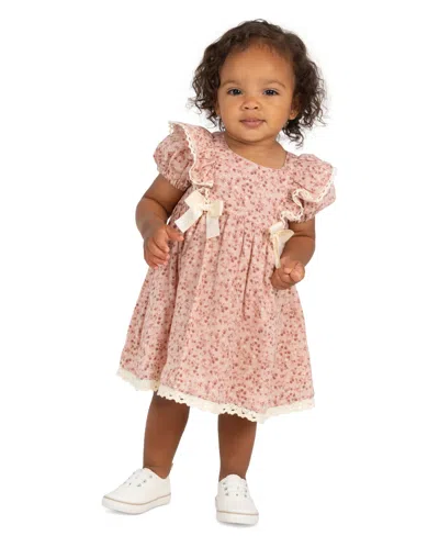Rare Editions Baby Girls' Printed Cotton Voile Puff Sleeve Dress And Diaper Cover, 2-piece Set In Pink
