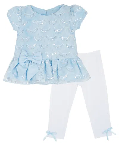 Rare Editions Baby Girls' Scalloped Round Neck Top And Knit Leggings, 2-piece Set In Blue