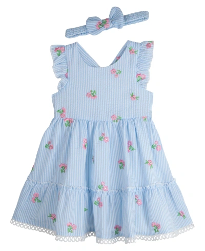 Rare Editions Baby Girls Seersucker Dress With Matching Headband And Diaper Cover, 2 Piece Set In Blue