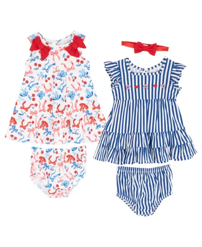 Rare Editions Baby Girls' Sleeveless Dress, Diaper Covers And Headband, 5-piece Set In Blue