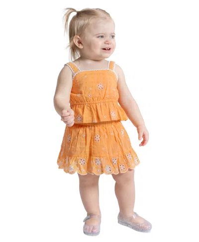 Rare Editions Baby Girls' Sleeveless Eyelet Dress And Skort, 2-piece Set In Orange