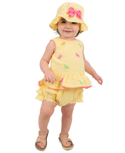 Rare Editions Baby Girls' Sleeveless Top, Bloomer Shorts And Hat, 3-piece Set In Brown