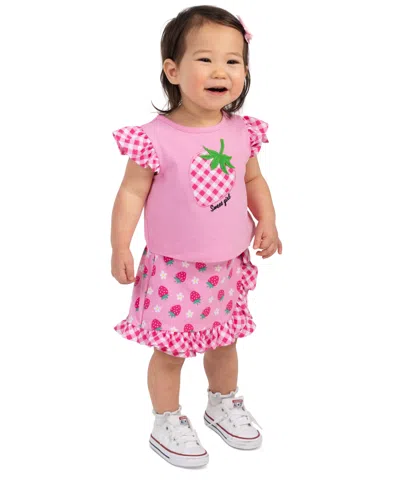 Rare Editions Baby Girls' Strawberry Applique Top And Skort, 2-piece Set In Pink