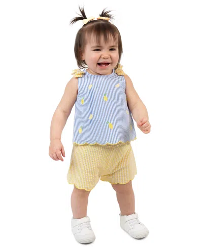 Rare Editions Baby Girls' Striped Seersucker Top And Elastic Waistband Shorts, 2-piece Set In Blue