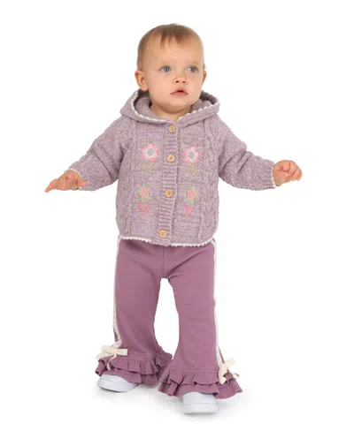 Rare Editions Kids' Baby Girls' Sweater Knit Poncho Top And Flare Denim Pants, 3-piece Set In Brown