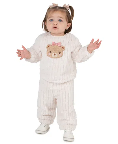 Rare Editions Kids' Baby Girls' Teddy Bear Applique Sherpa Long-sleeve Sweatshirt And Joggers, 2-piece Set In White