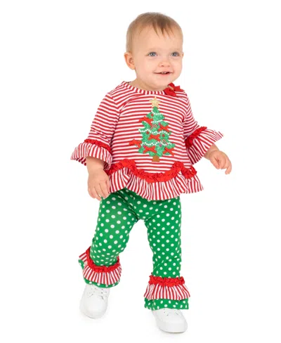 Rare Editions Kids' Baby Girls' Tree Applique Striped Top And Dot Leggings, 2-piece Set In Red