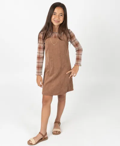 Rare Editions Kids' Big Girl 2-piece Corduroy Dress Over Plaid Mesh Top With Necklace Set In Brown