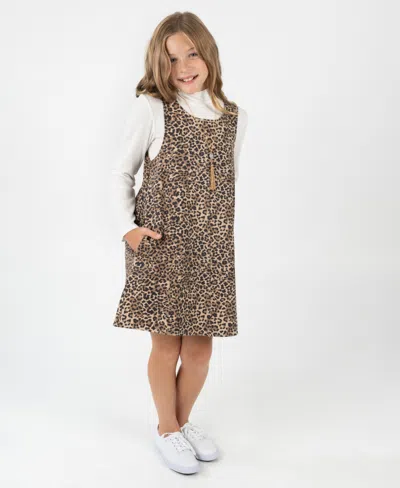 Rare Editions Kids' Big Girl 2-piece Denim Animal Printed Dress Over Ribbed T-shirt With Necklace Set In Brown