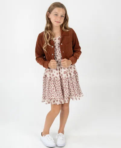 Rare Editions Kids' Big Girl 2-piece Floral Chiffon Dress With Corduroy Jacket Set In Brown