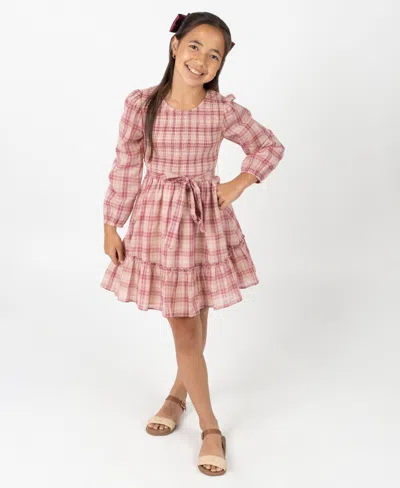 Rare Editions Kids' Big Girl Plaid Dress With Hair Accessory In Pink