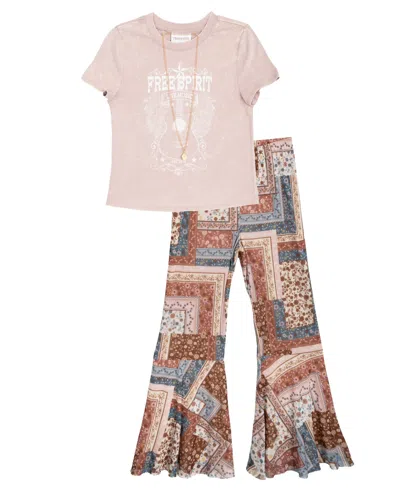 Rare Editions Kids' Big Girls 2-piece Boho T-shirt And Mesh Flare Pants Set In Multi
