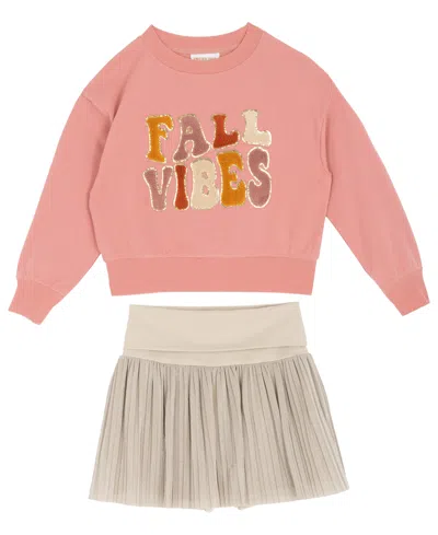 Rare Editions Kids' Big Girls 2 Piece Fall Vibes Sweatshirt And Lurex Mesh Skort Set In Multi