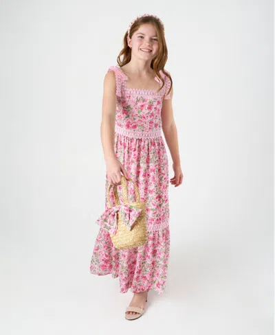 Rare Editions Kids' Big Girls 2-piece Floral And Crochet Trim Maxi With Bag In Pink