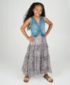 Rare Editions Big Girls 2-piece Floral Maxi With Denim Vest And Dress Set In Blue